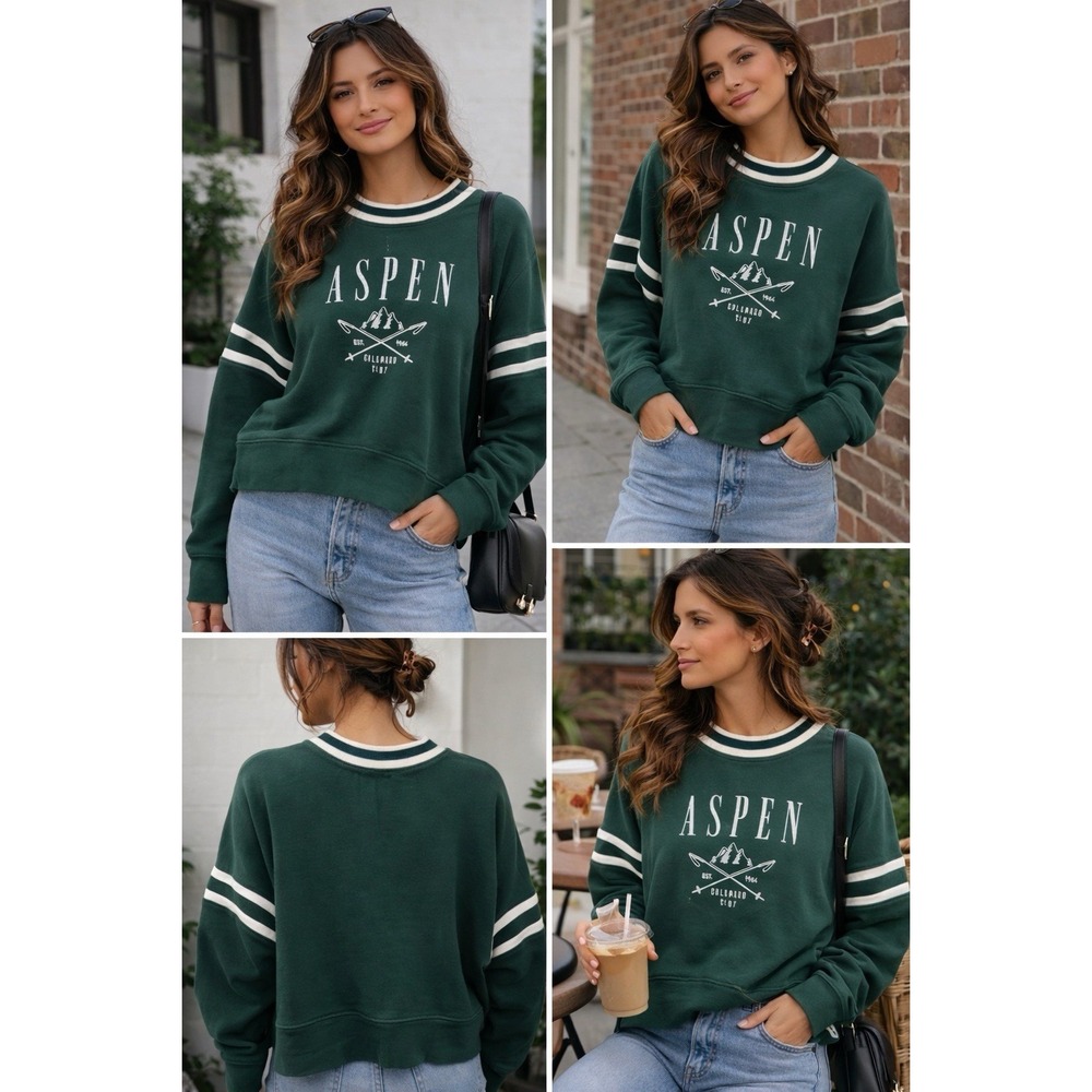 Aspen Colorado Cropped Sweatshirt Women's Green Size M Graphic Varsity Crewneck